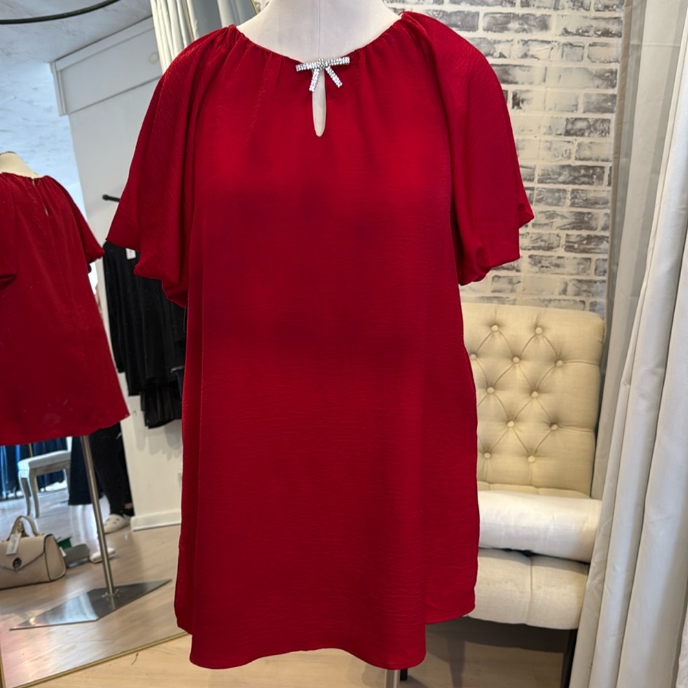 Red dress with  rhinestone bow removable pin.